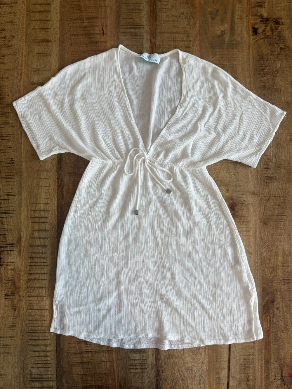 Beach House Swim Cover Up Dress White V-Neck Tie Waist Short Sleeve